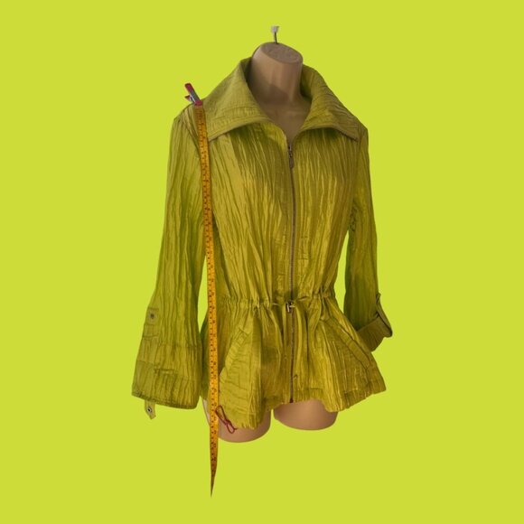 Lark Lane Crinkled Kiwi Green Drawstring Waist Zippered Long Sleeve Jacket 10 - Picture 2 of 7